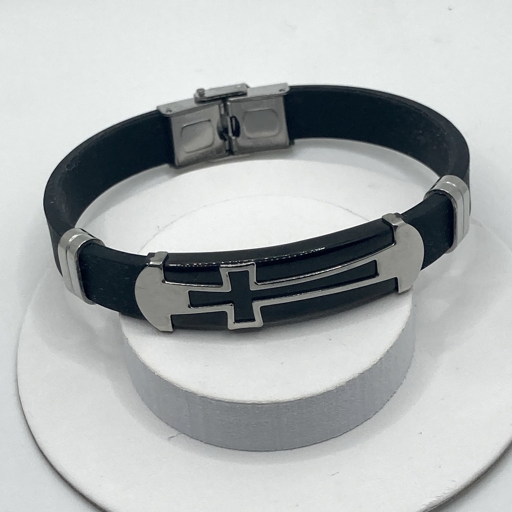 Stainless Steel & Black Rubber Cross Religious Christian Catholic Bracelet 8”